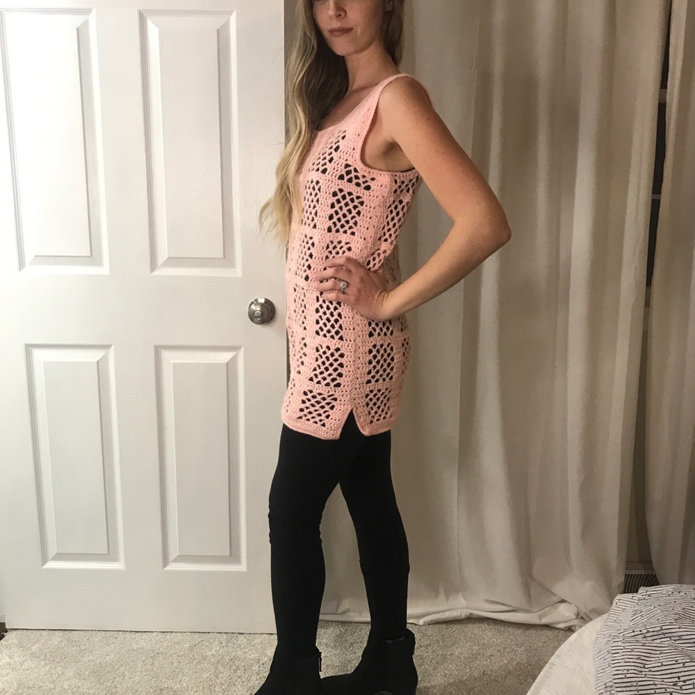 Vintage Pink Crocheted Sweater, Sweater Vest, Mini Dress, Grannycore Cottagecore